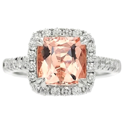 Cushion Morganite And Natural Earth Mined Diamond 27 Ct Ring White Gold 14K