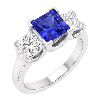 Cushion Natural Earth Mined Diamond 3 Stone Ring V-Prong Ceylon Sapphire 1.50 Carats