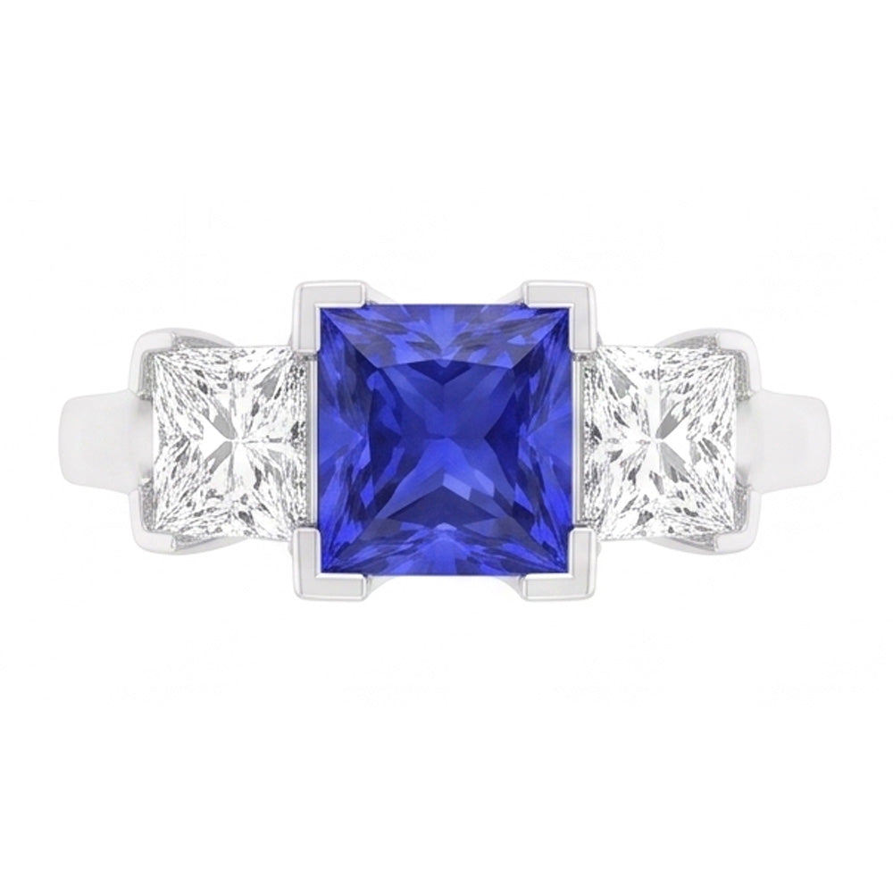 Cushion Natural Earth Mined Diamond 3 Stone Ring V-Prong Ceylon Sapphire 1.50 Carats