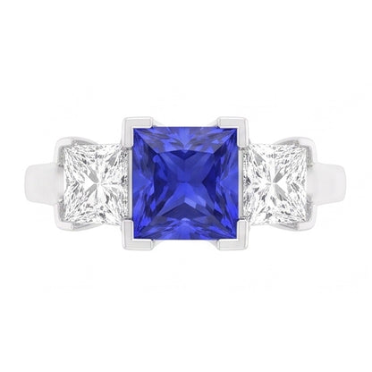 Cushion Natural Earth Mined Diamond 3 Stone Ring V-Prong Ceylon Sapphire 1.50 Carats