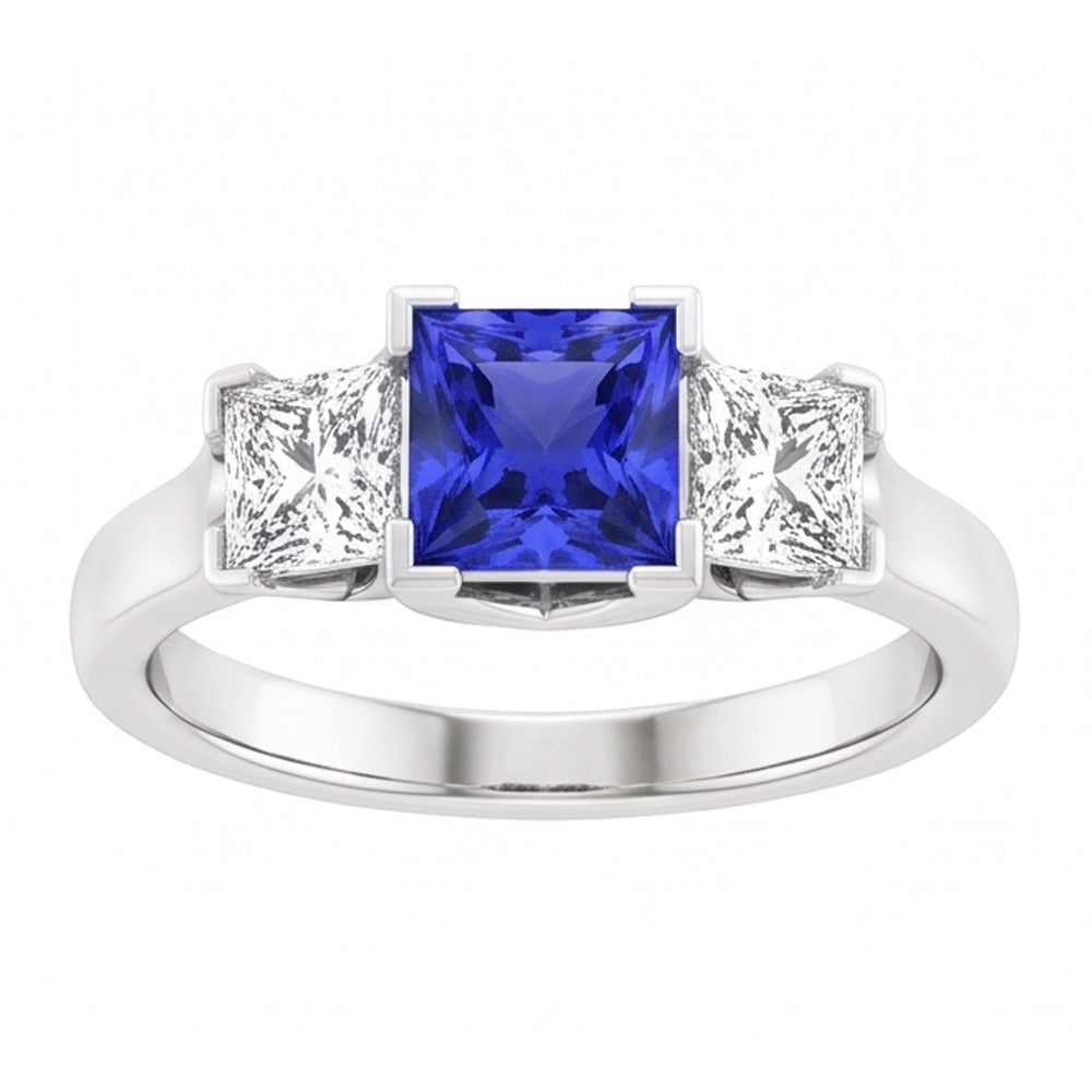 Cushion Natural Earth Mined Diamond 3 Stone Ring V-Prong Ceylon Sapphire 1.50 Carats