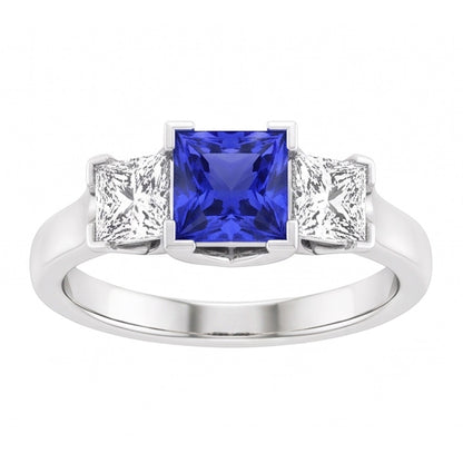 Cushion Natural Earth Mined Diamond 3 Stone Ring V-Prong Ceylon Sapphire 1.50 Carats