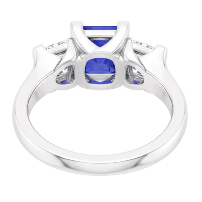 Cushion Natural Earth Mined Diamond 3 Stone Ring V-Prong Ceylon Sapphire 1.50 Carats