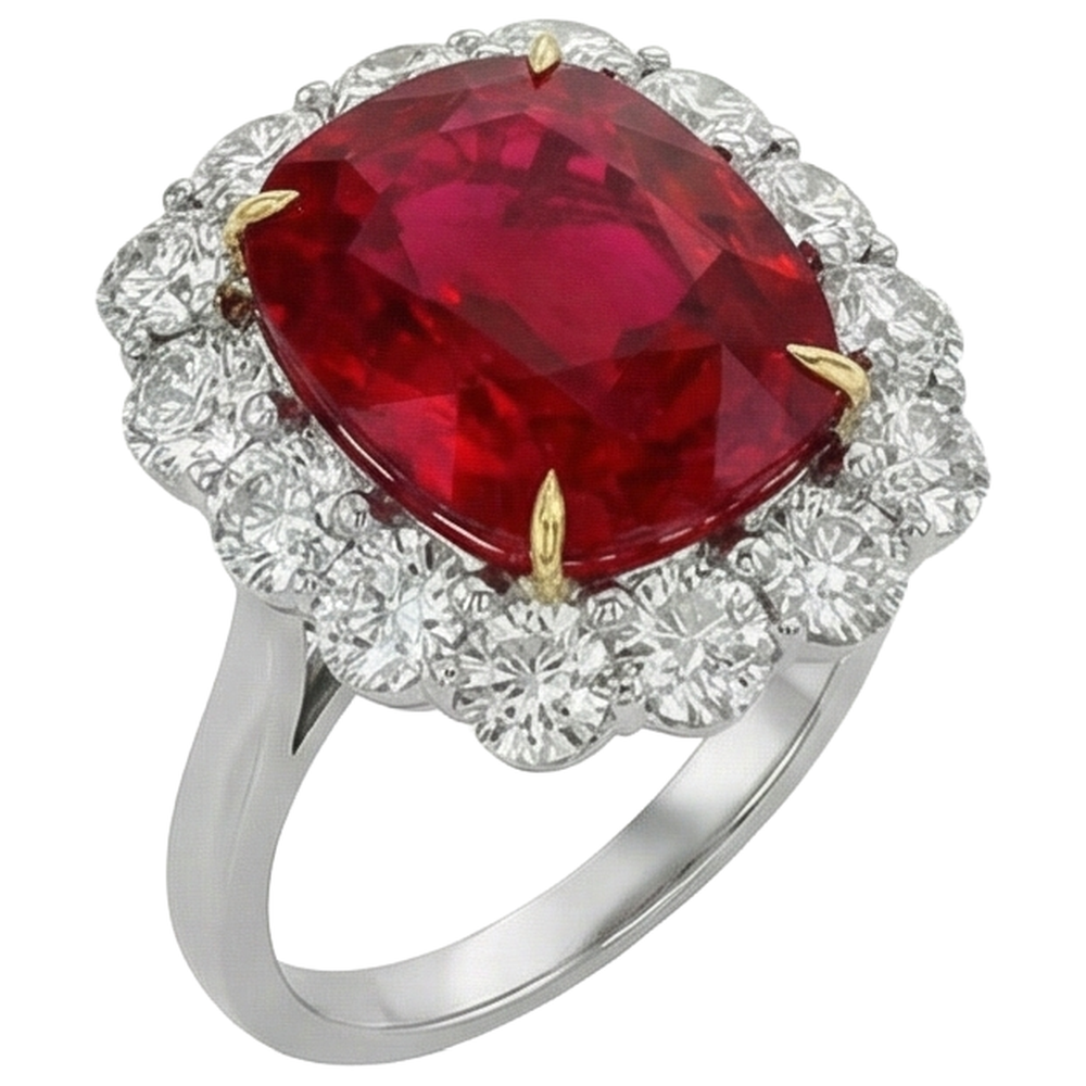 Cushion Ruby And Round Natural Earth Mined Diamonds 7 Carats Anniversary Ring