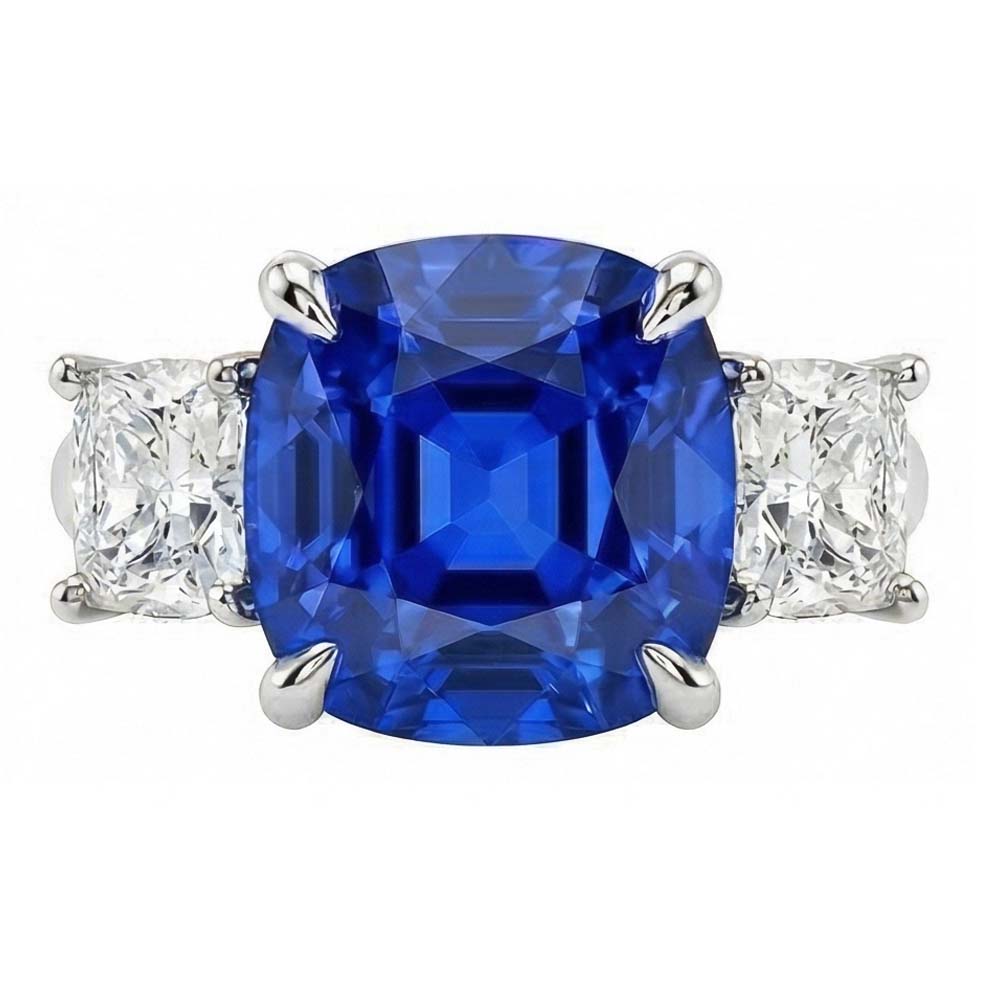 Cushion Sapphire 3 Stone Natural Earth Mined Diamond Ring Prong Gold Jewelry 4 Carats