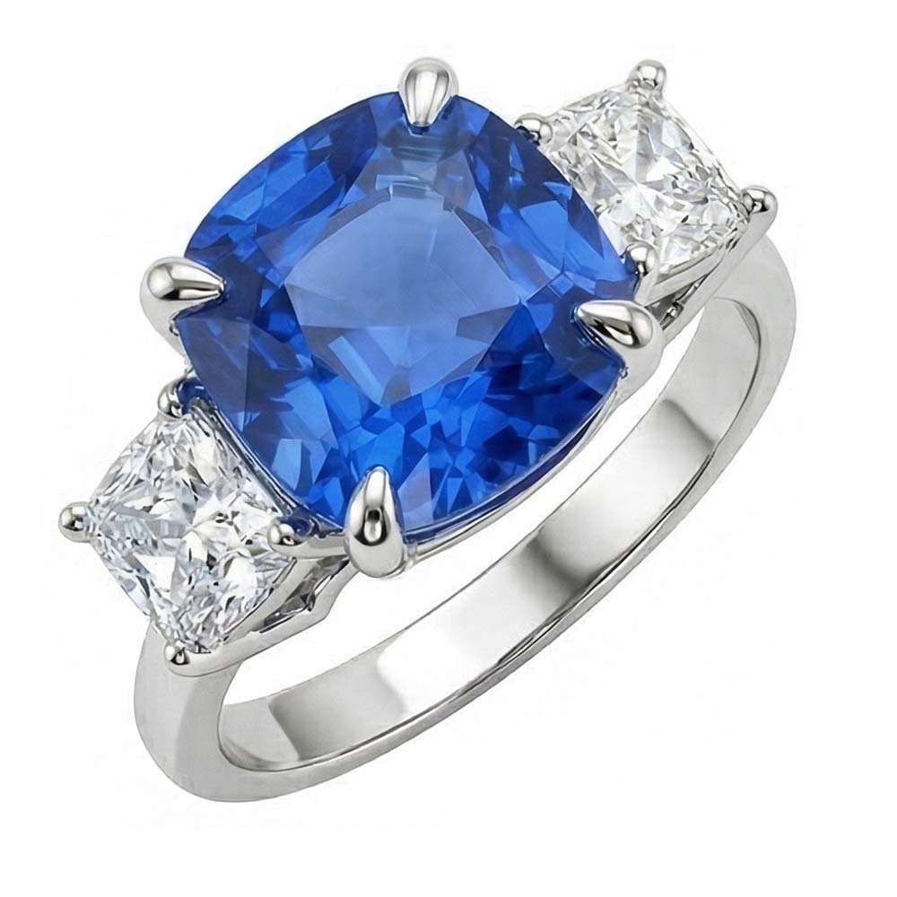 Cushion Sapphire 3 Stone Natural Earth Mined Diamond Ring Prong Gold Jewelry 4 Carats