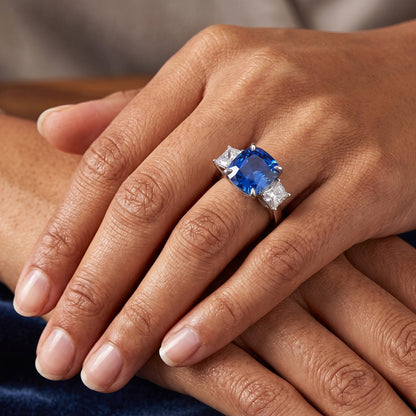 Cushion Sapphire 3 Stone Natural Earth Mined Diamond Ring Prong Gold Jewelry 4 Carats