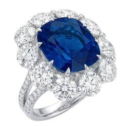 Cushion Sapphire And Round Natural Earth Mined Diamonds 10.50 Ct Ring White Gold 14K