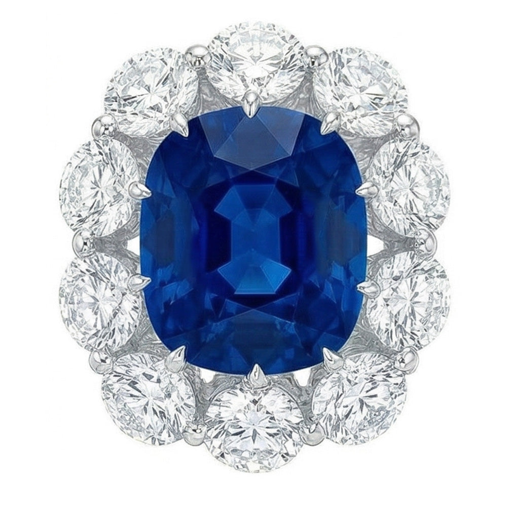 Cushion Sapphire And Round Natural Earth Mined Diamonds 10.50 Ct Ring White Gold 14K