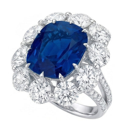 Cushion Sapphire And Round Natural Earth Mined Diamonds 10.50 Ct Ring White Gold 14K