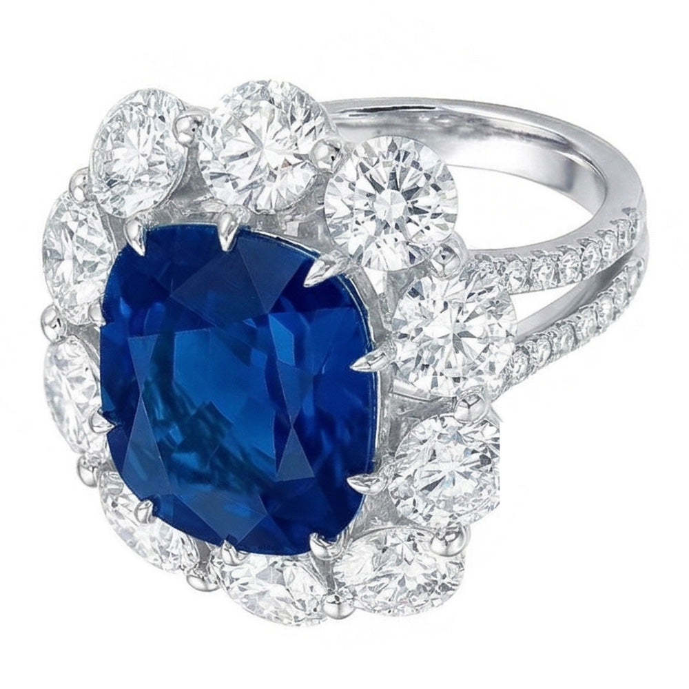 Cushion Sapphire And Round Natural Earth Mined Diamonds 10.50 Ct Ring White Gold 14K