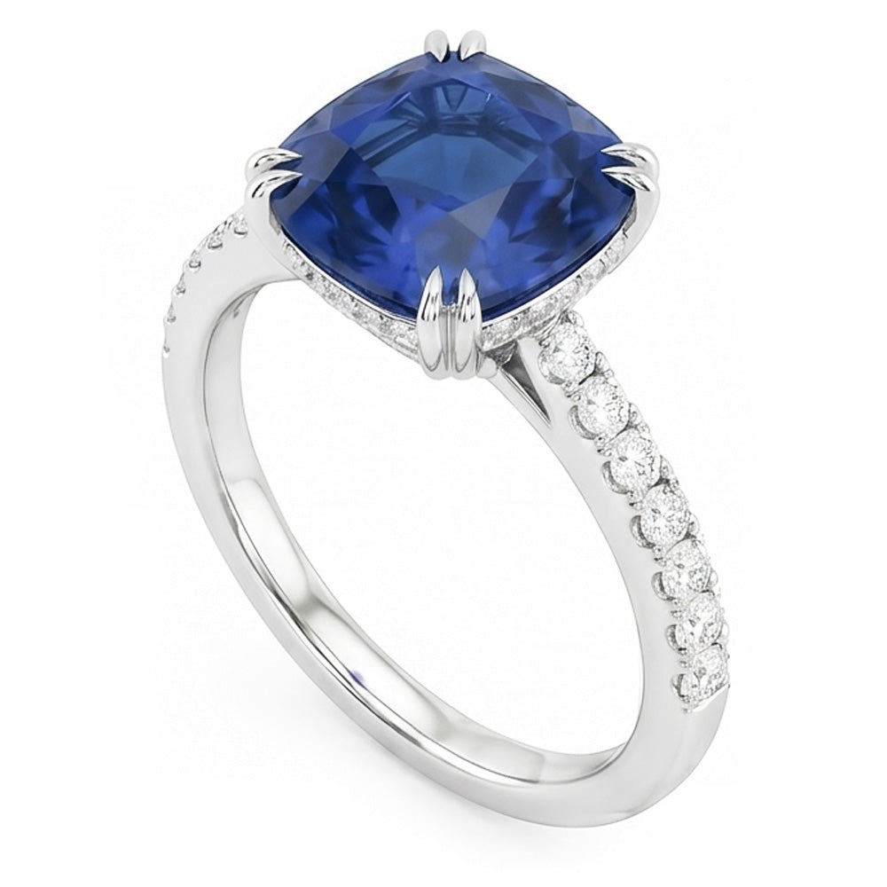 Cushion Sapphire Gemstone Ring 3.50 Carats Double Prong Natural Earth Mined Diamonds
