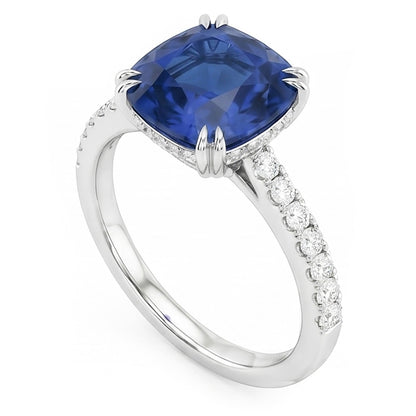 Cushion Sapphire Gemstone Ring 3.50 Carats Double Prong Natural Earth Mined Diamonds