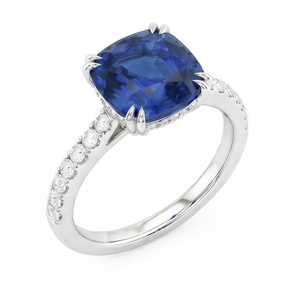 Cushion Sapphire Gemstone Ring 3.50 Carats Double Prong Natural Earth Mined Diamonds