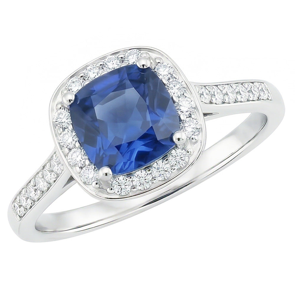 Cushion Sapphire Halo Natural Earth Mined Diamond Ring 3.50 Carats 14K White Gold Jewelry