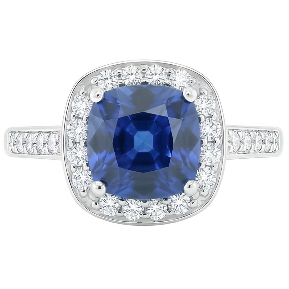 Cushion Sapphire Halo Natural Earth Mined Diamond Ring 3.50 Carats 14K White Gold Jewelry