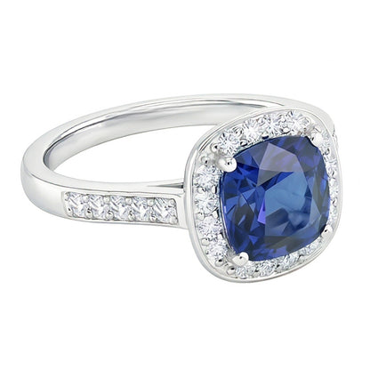 Cushion Sapphire Halo Natural Earth Mined Diamond Ring 3.50 Carats 14K White Gold Jewelry