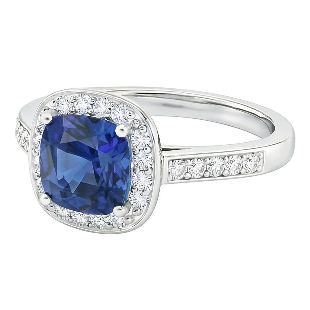 Cushion Sapphire Halo Natural Earth Mined Diamond Ring 3.50 Carats 14K White Gold Jewelry