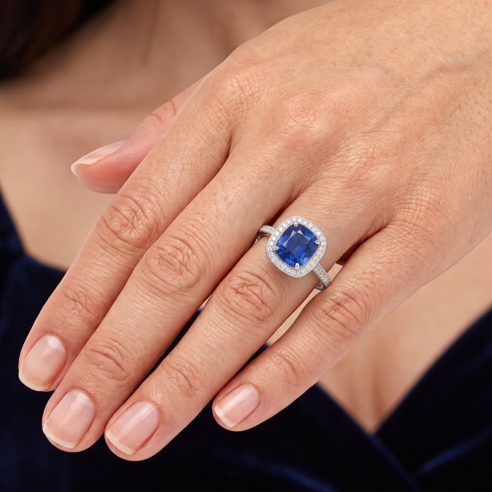 Cushion Sapphire Halo Natural Earth Mined Diamond Ring 3.50 Carats 14K White Gold Jewelry