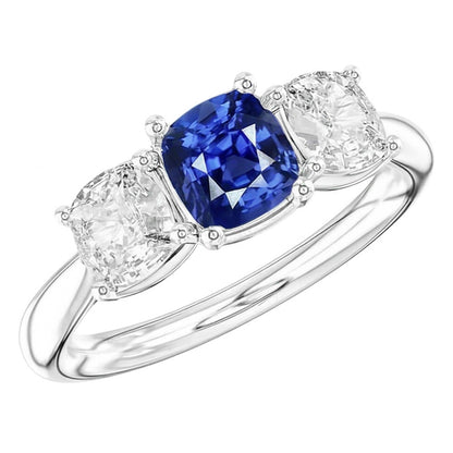 Cushion Sapphire Three Stone Ring 2.50 Carats Natural Earth Mined Diamonds Gold Jewelry