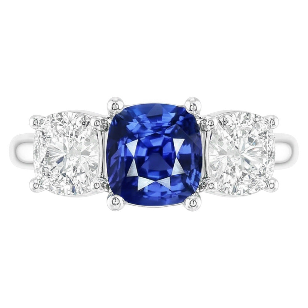 Cushion Sapphire Three Stone Ring 2.50 Carats Natural Earth Mined Diamonds Gold Jewelry