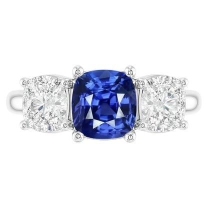 Cushion Sapphire Three Stone Ring 2.50 Carats Natural Earth Mined Diamonds Gold Jewelry
