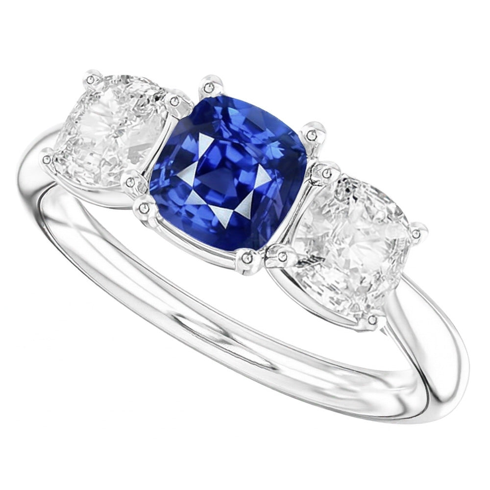 Cushion Sapphire Three Stone Ring 2.50 Carats Natural Earth Mined Diamonds Gold Jewelry