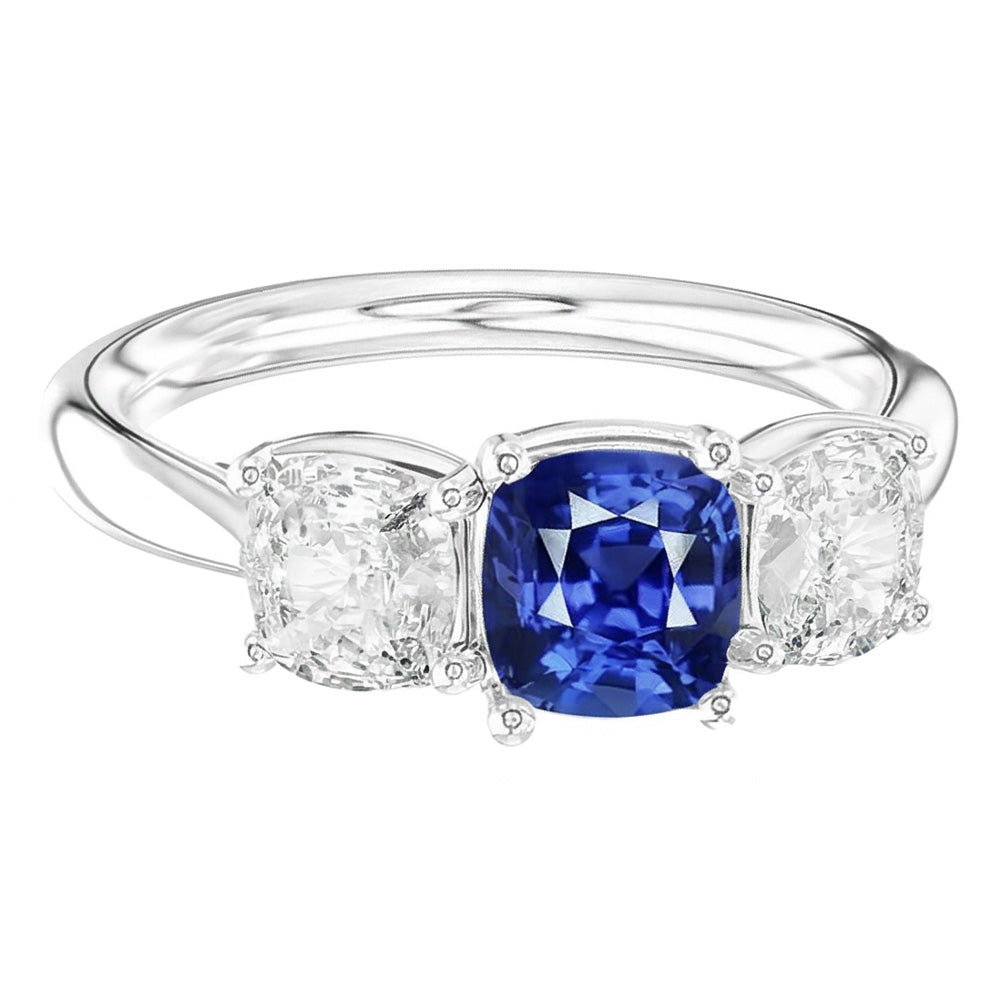 Cushion Sapphire Three Stone Ring 2.50 Carats Natural Earth Mined Diamonds Gold Jewelry