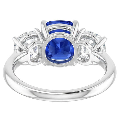 Cushion Sapphire Three Stone Ring 2.50 Carats Natural Earth Mined Diamonds Gold Jewelry