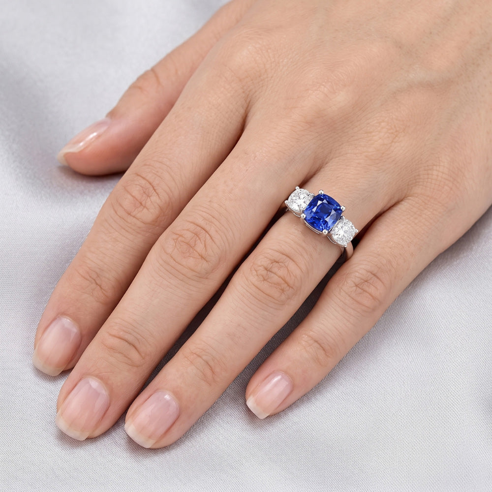 Cushion Sapphire Three Stone Ring 2.50 Carats Natural Earth Mined Diamonds Gold Jewelry