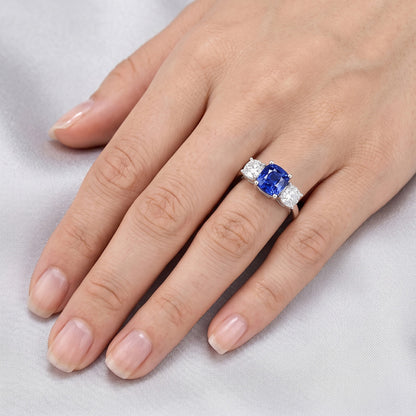 Cushion Sapphire Three Stone Ring 2.50 Carats Natural Earth Mined Diamonds Gold Jewelry