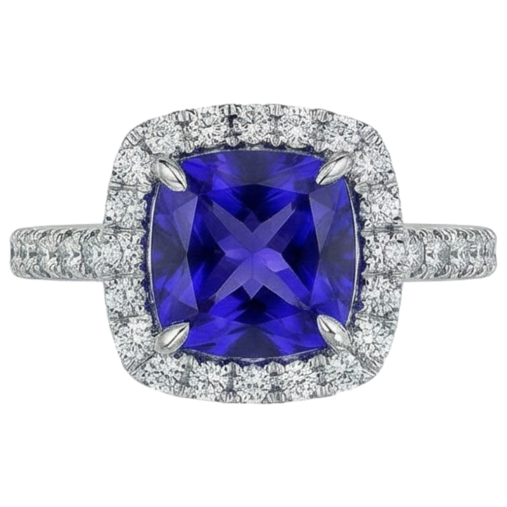 Cushion Shape 2.25 Carats Tanzanite With Natural Earth Mined Diamond Wedding Ring Jewelry