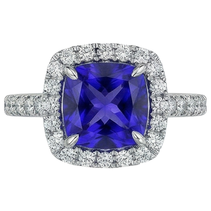 Cushion Shape 2.25 Carats Tanzanite With Natural Earth Mined Diamond Wedding Ring Jewelry