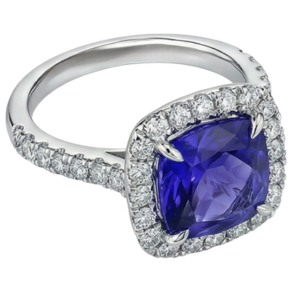 Cushion Shape 2.25 Carats Tanzanite With Natural Earth Mined Diamond Wedding Ring Jewelry