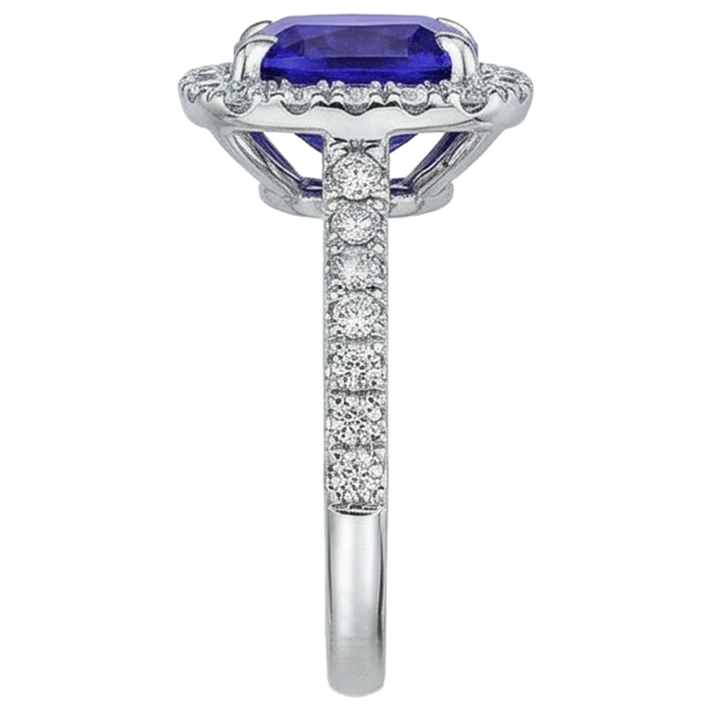 Cushion Shape 2.25 Carats Tanzanite With Natural Earth Mined Diamond Wedding Ring Jewelry