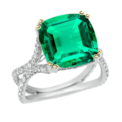 Natural Real ( Not Lab Grown ) Cushion Shape Green Emerald GIA Ring With Diamonds Split Shank