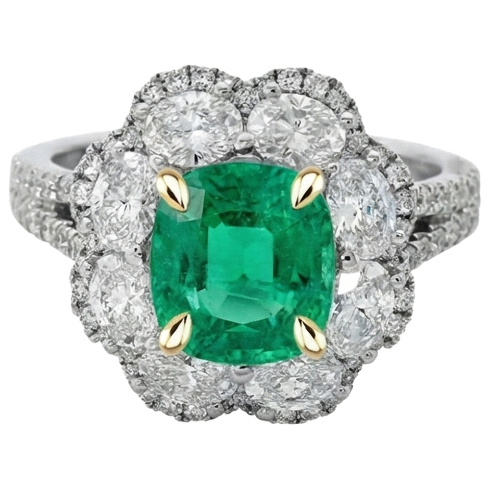 Natural Real ( Not Lab Grown ) Cushion Shape Green Emerald GIA Ring Halo Jewelry