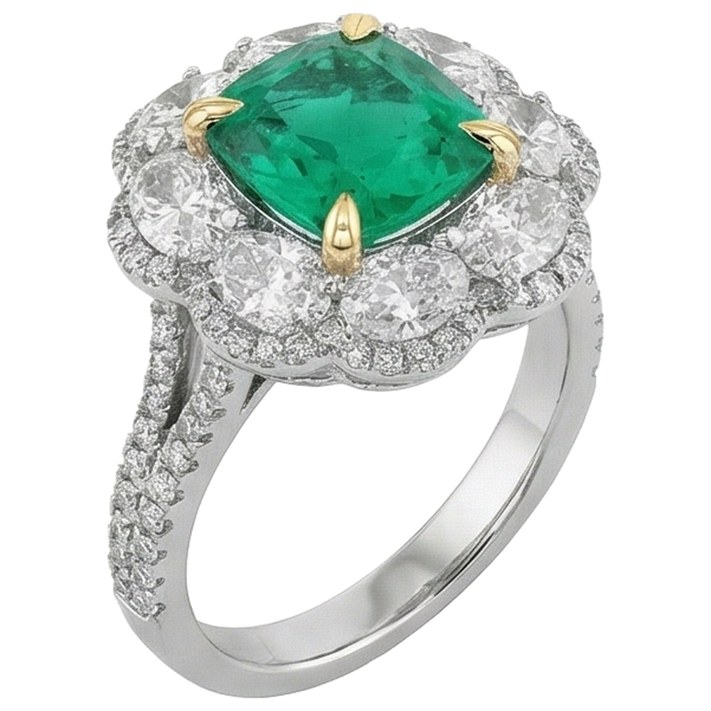 Natural Real ( Not Lab Grown ) Cushion Shape Green Emerald GIA Ring Halo Jewelry