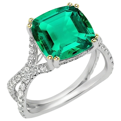 Natural Real ( Not Lab Grown ) Cushion Shape Green Emerald GIA Ring With Diamonds Split Shank