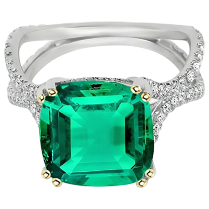 Natural Real ( Not Lab Grown ) Cushion Shape Green Emerald GIA Ring With Diamonds Split Shank