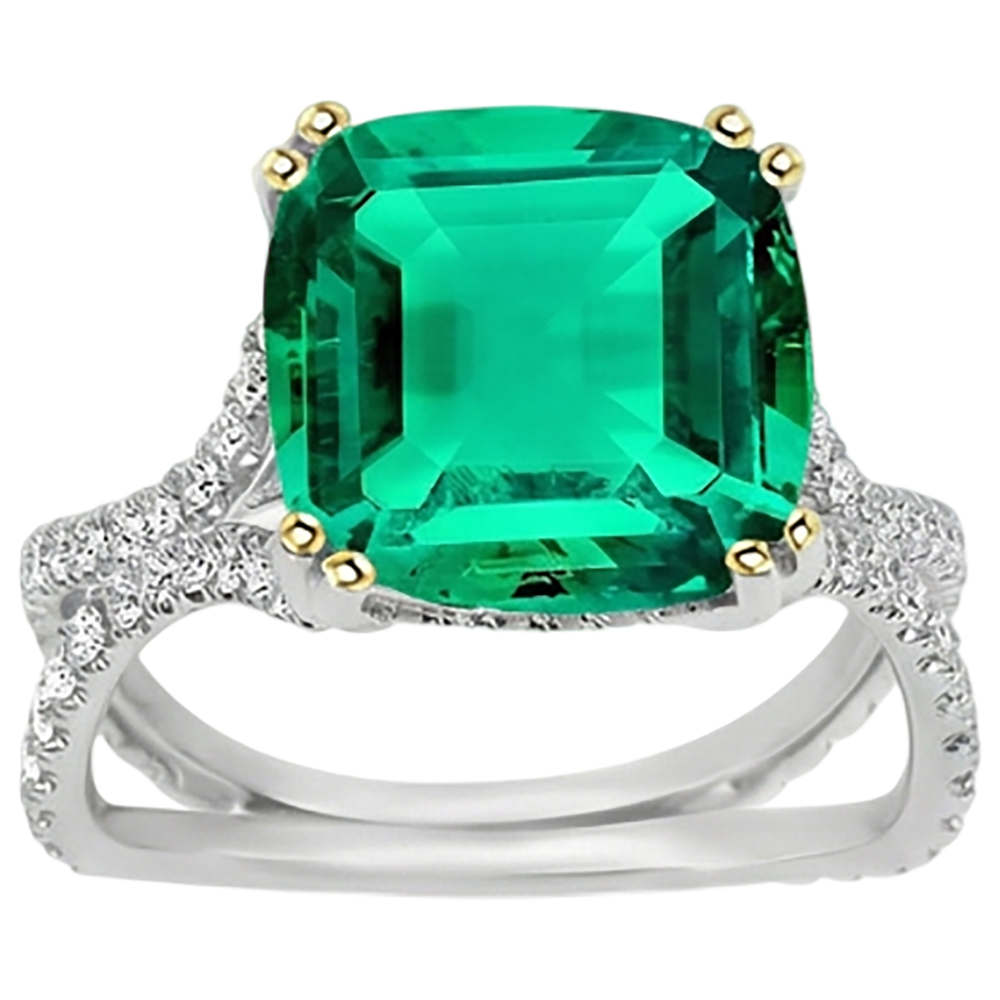 Natural Real ( Not Lab Grown ) Cushion Shape Green Emerald GIA Ring With Diamonds Split Shank