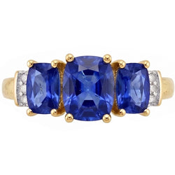 Cushion Sri Lanka Blue Sapphire Natural Earth Mined Diamond Ring 3-Stone 5.26 Carat YG 14K