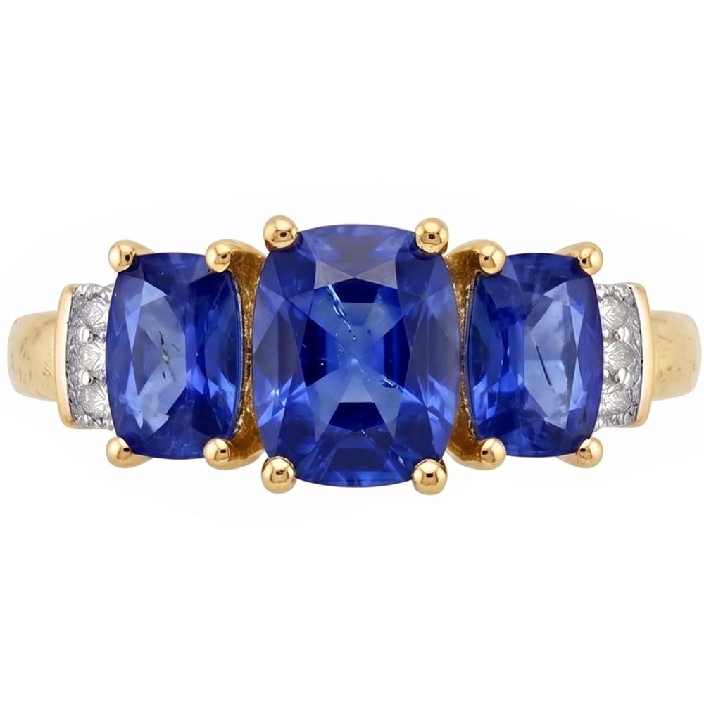 Cushion Sri Lanka Blue Sapphire Natural Earth Mined Diamond Ring 3-Stone 5.26 Carat YG 14K
