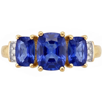 Cushion Sri Lanka Blue Sapphire Natural Earth Mined Diamond Ring 3-Stone 5.26 Carat YG 14K