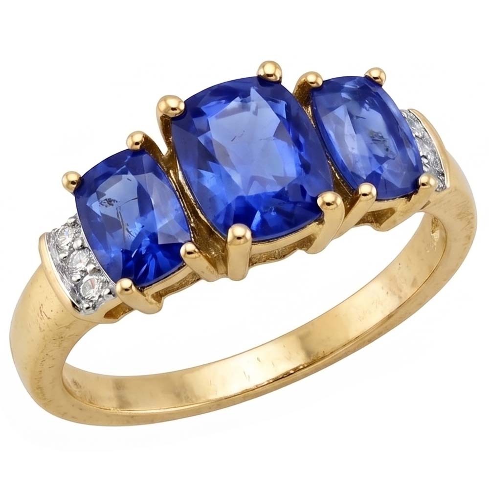 Cushion Sri Lanka Blue Sapphire Natural Earth Mined Diamond Ring 3-Stone 5.26 Carat YG 14K