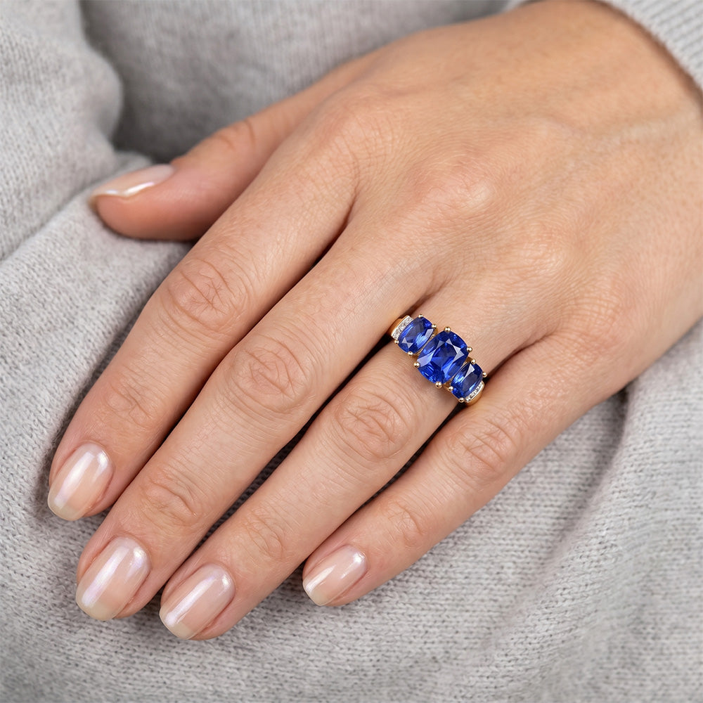 Cushion Sri Lanka Blue Sapphire Natural Earth Mined Diamond Ring 3-Stone 5.26 Carat YG 14K
