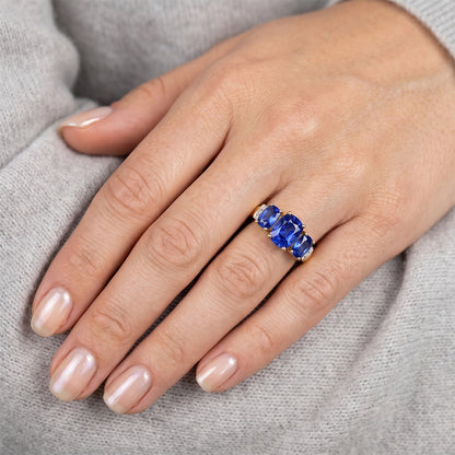 Cushion Sri Lanka Blue Sapphire Natural Earth Mined Diamond Ring 3-Stone 5.26 Carat YG 14K