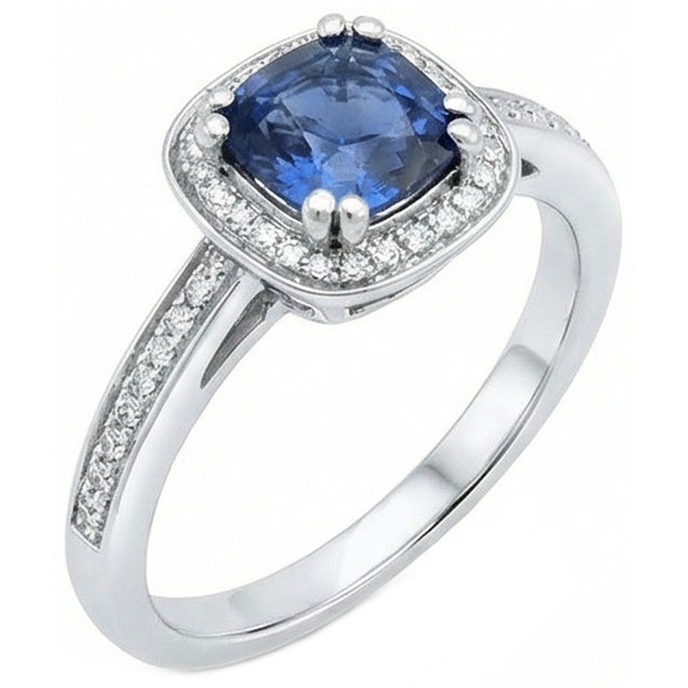 Cushion Sri Lanka Blue Sapphire Natural Earth Mined Diamond Ring Solid Gold 1.70 Ct