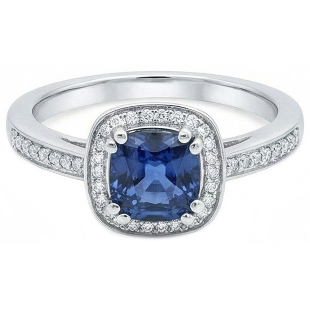 Cushion Sri Lanka Blue Sapphire Natural Earth Mined Diamond Ring Solid Gold 1.70 Ct