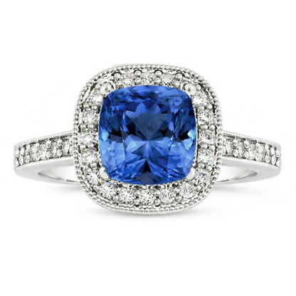 Cushion Sri Lanka Blue Sapphire Natural Earth Mined Diamonds 3.40 Ct Ring White Gold 14K